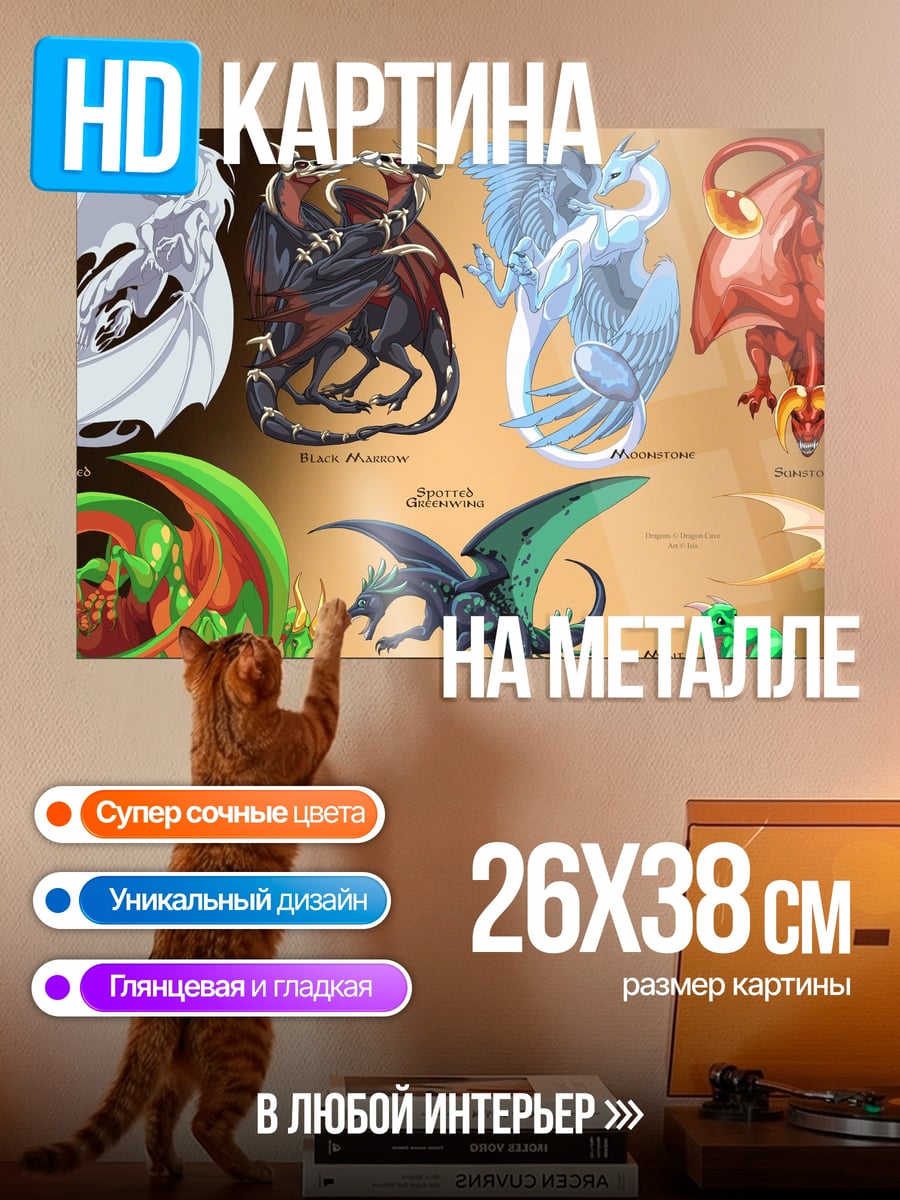 Картина на металле Разноцветные драконы