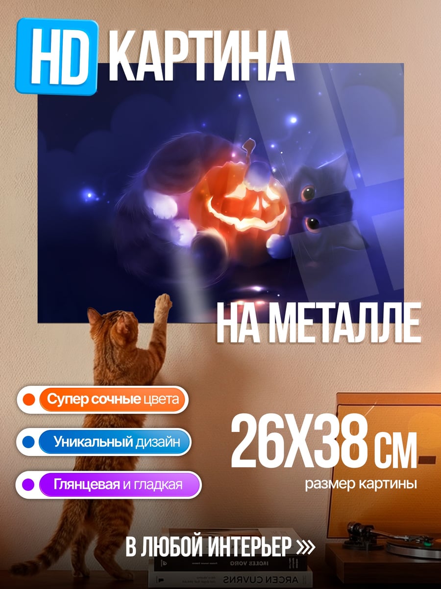 Картина на металле кот и тыква