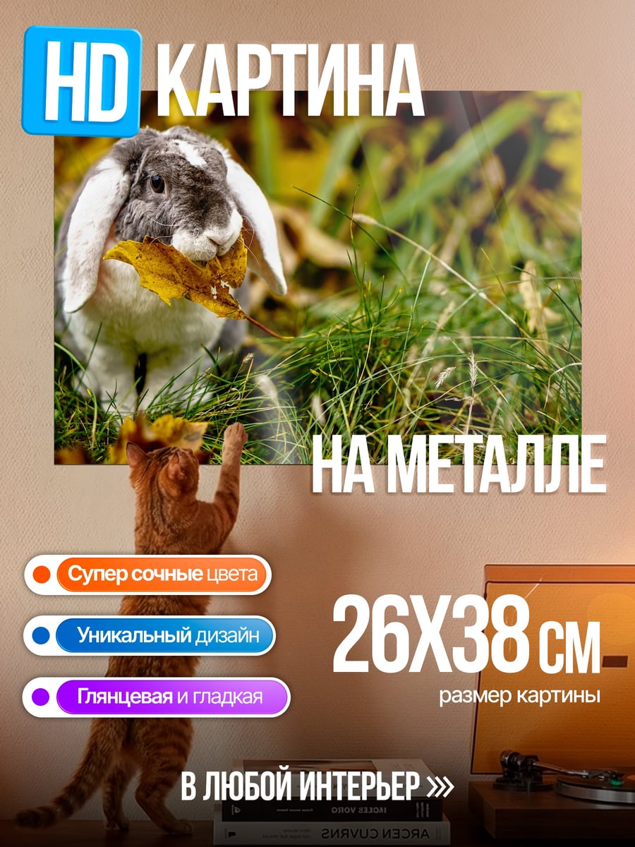 Картина на металле Кролик с листом