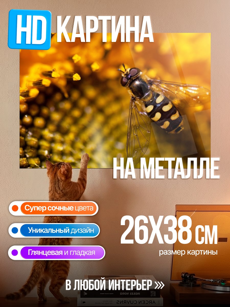 Картина на металле пчела на подсолнухе