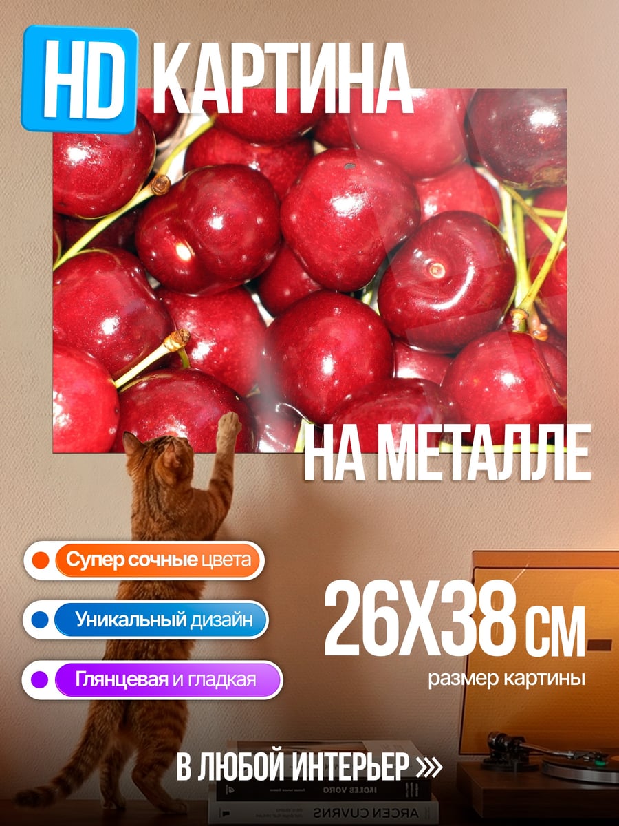 Картина на металле Красная вишня крупным планом
