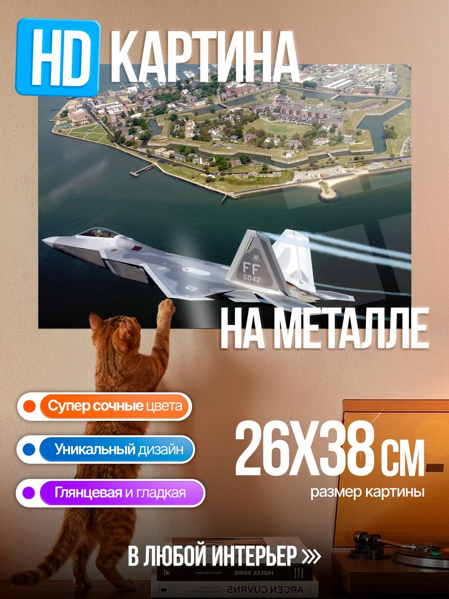 Картина на металле Истребитель над городом