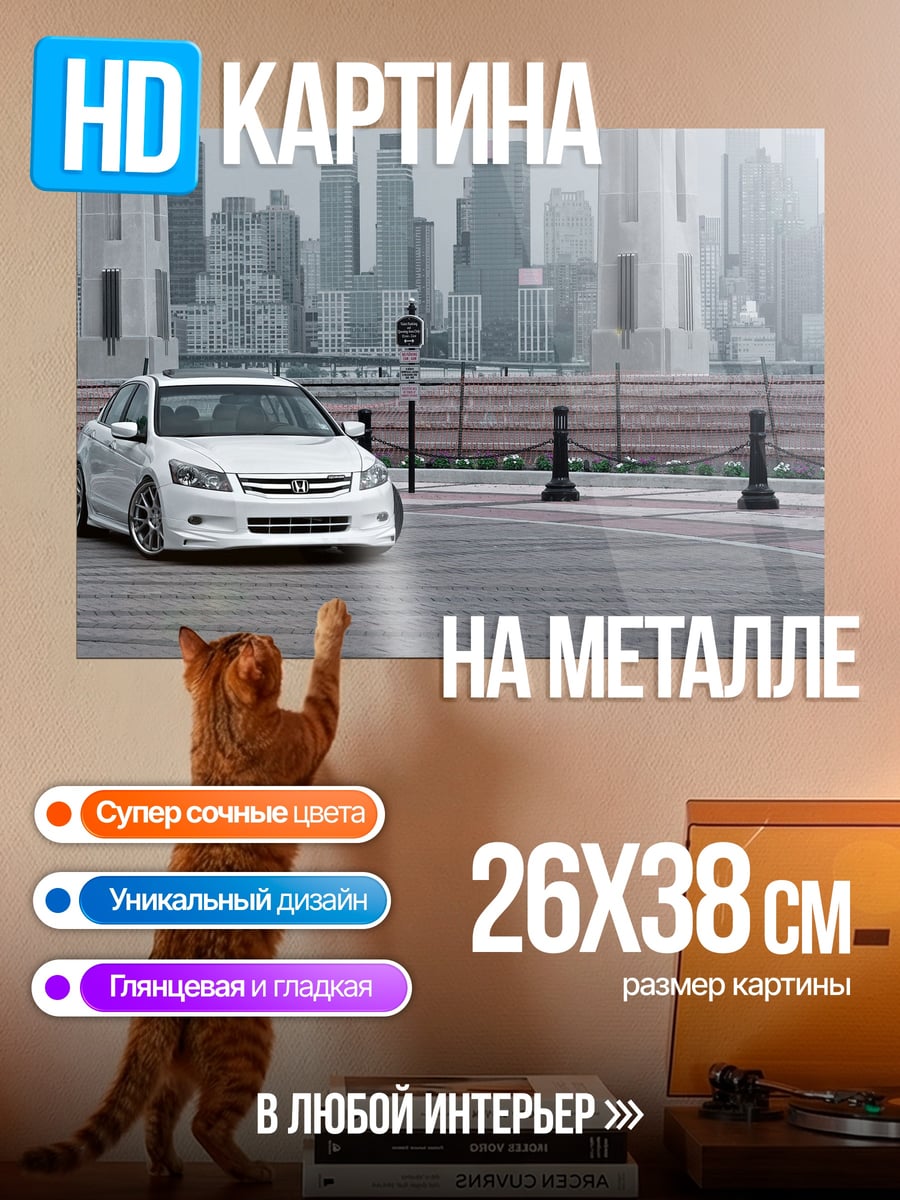 Картина на металле белая машина город