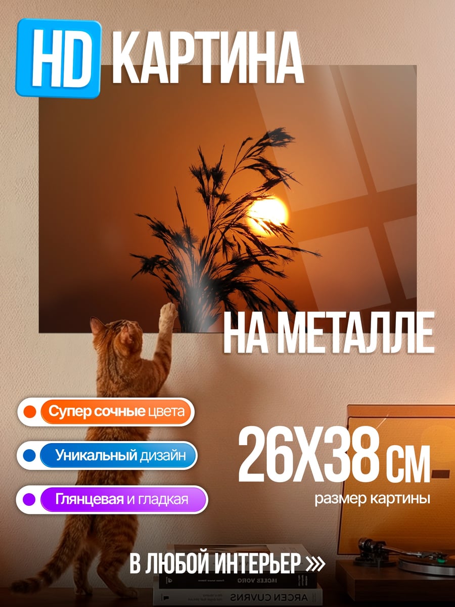 Картина на металле закат над травой
