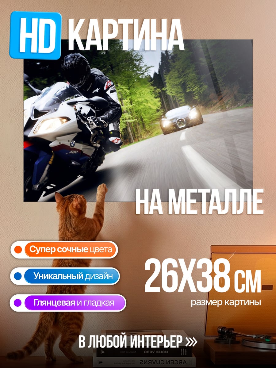 Картина на металле Мотоцикл и автомобиль
