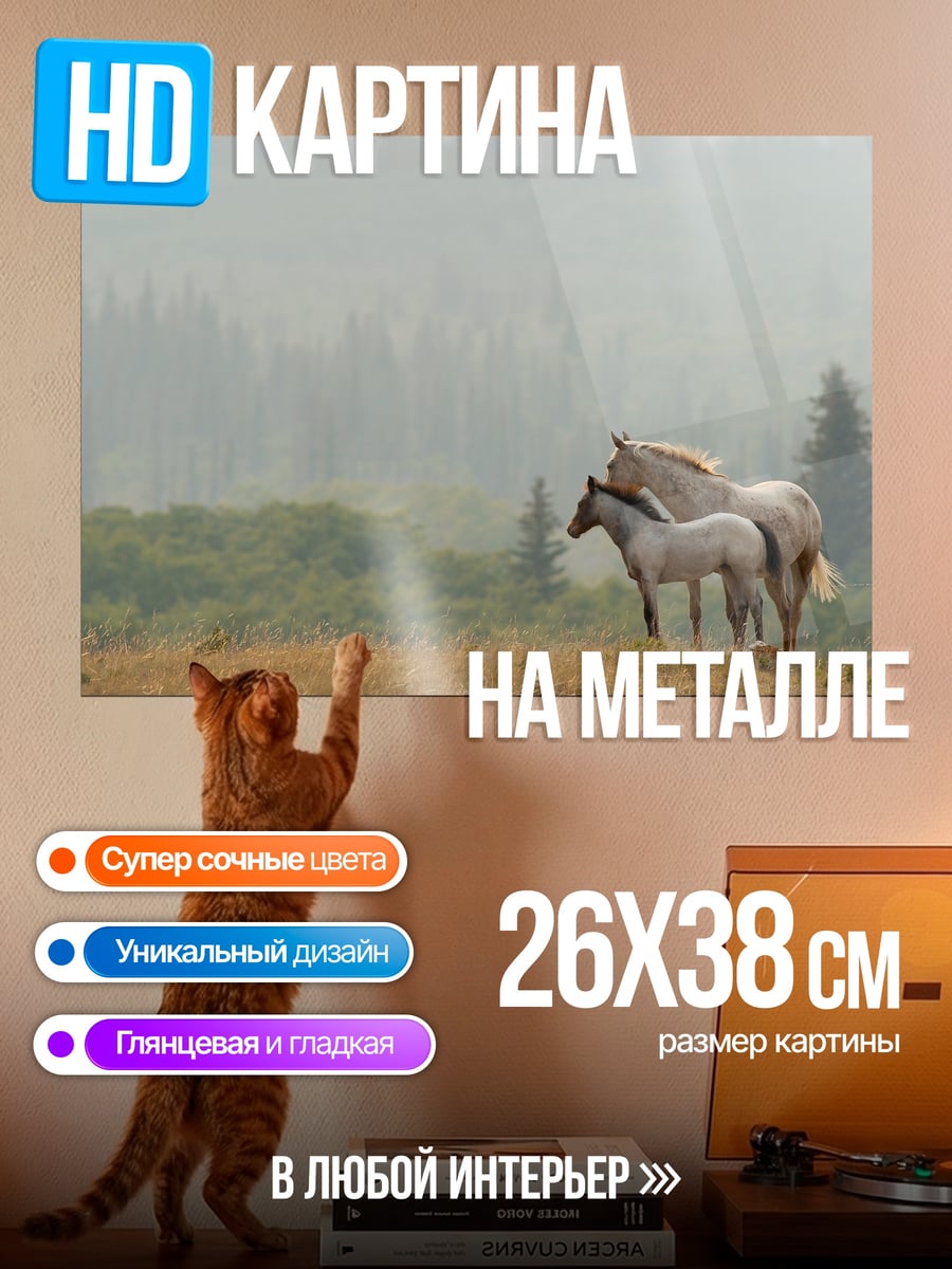 Картина на металле Лошади в тумане