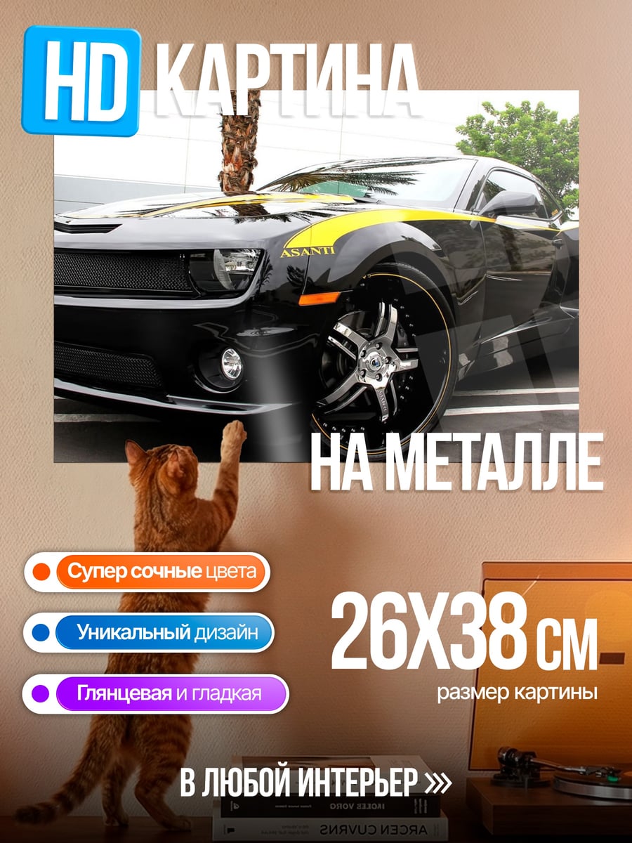 Картина на металле Черный Камаро Желтый