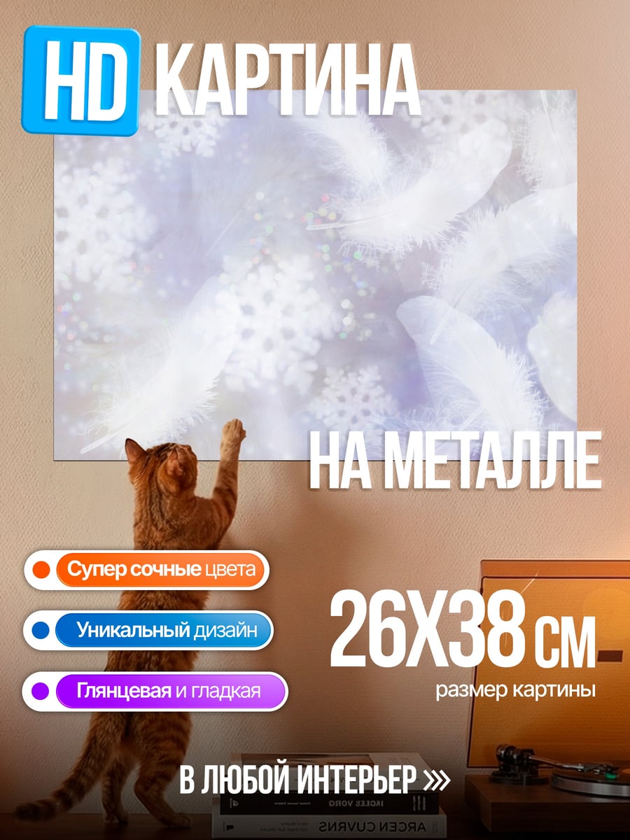 Картина на металле Перья и снежинки