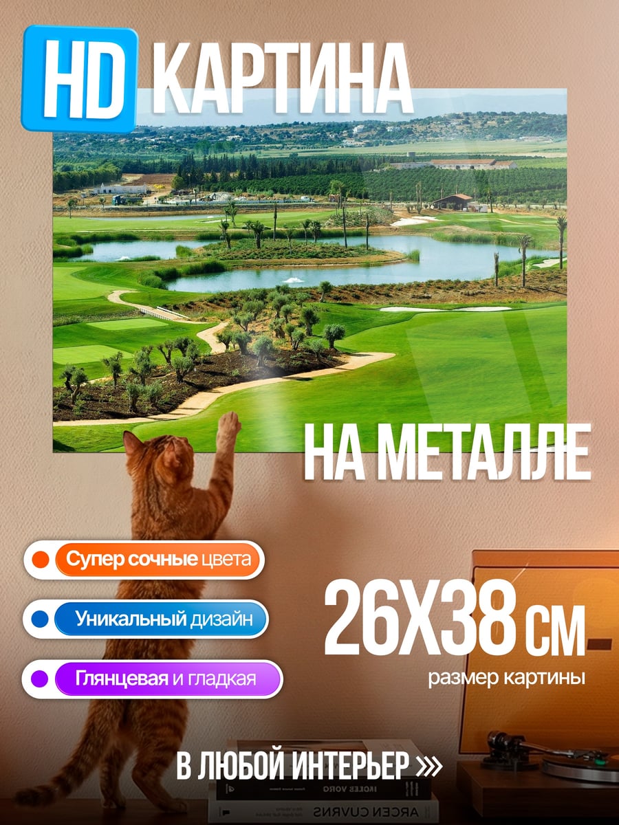 Картина на металле Поле для гольфа с озером