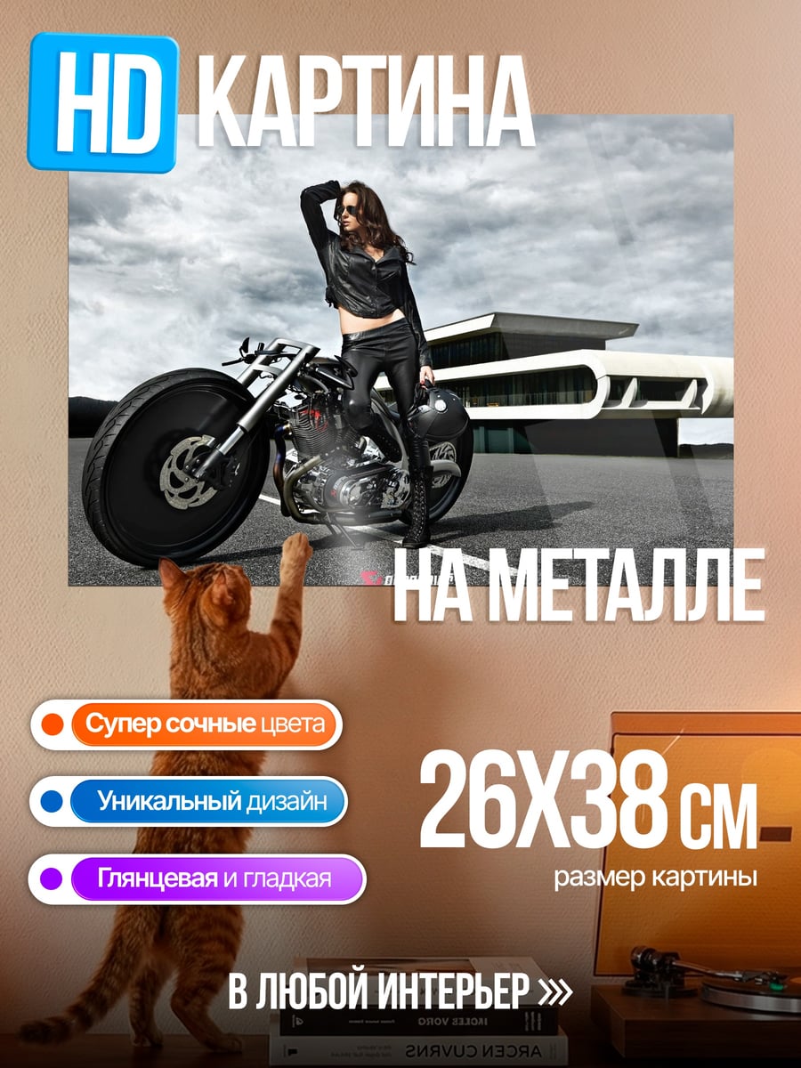 Картина на металле Девушка на мотоцикле