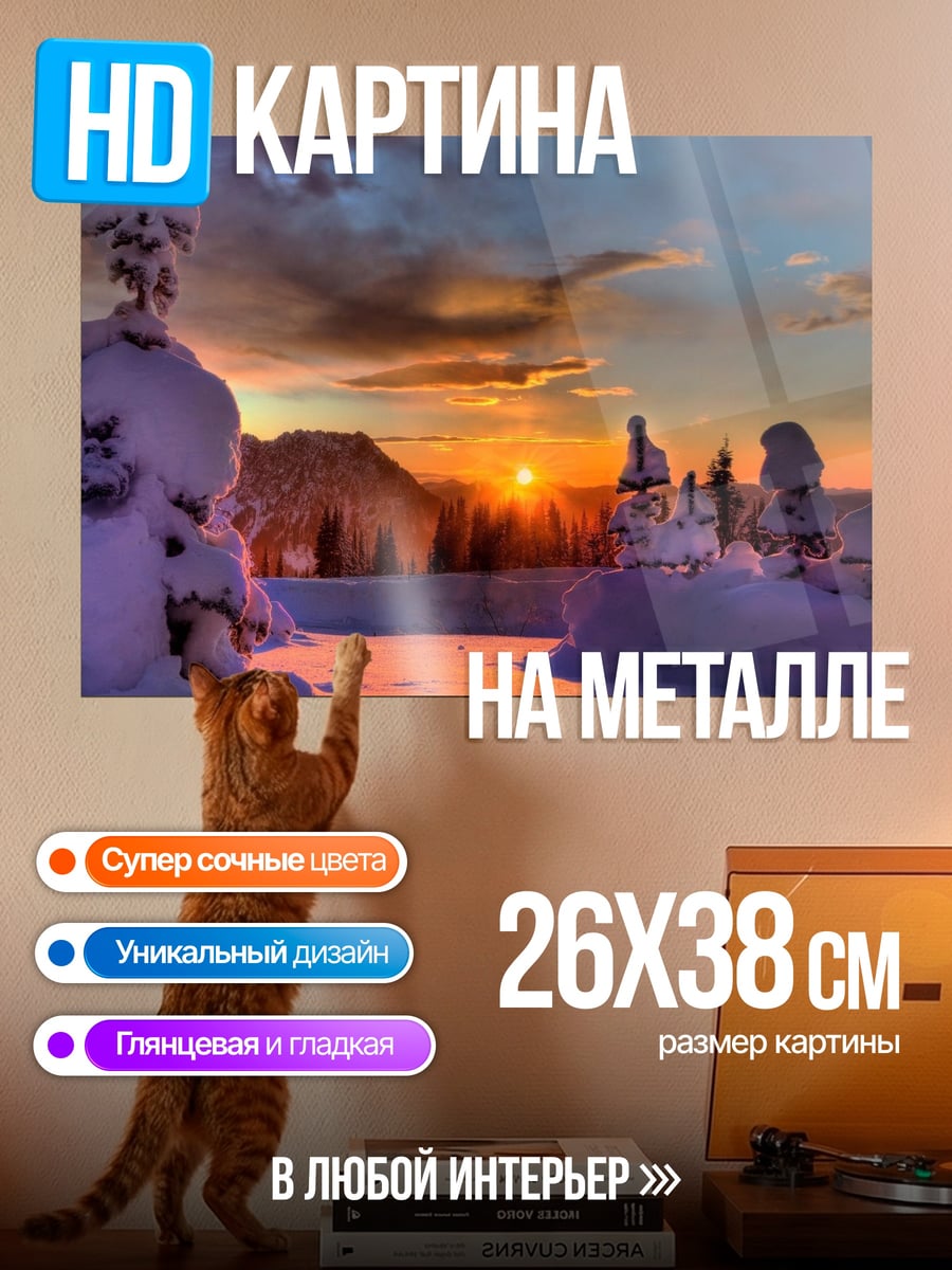 Картина на металле Закат в зимнем лесу