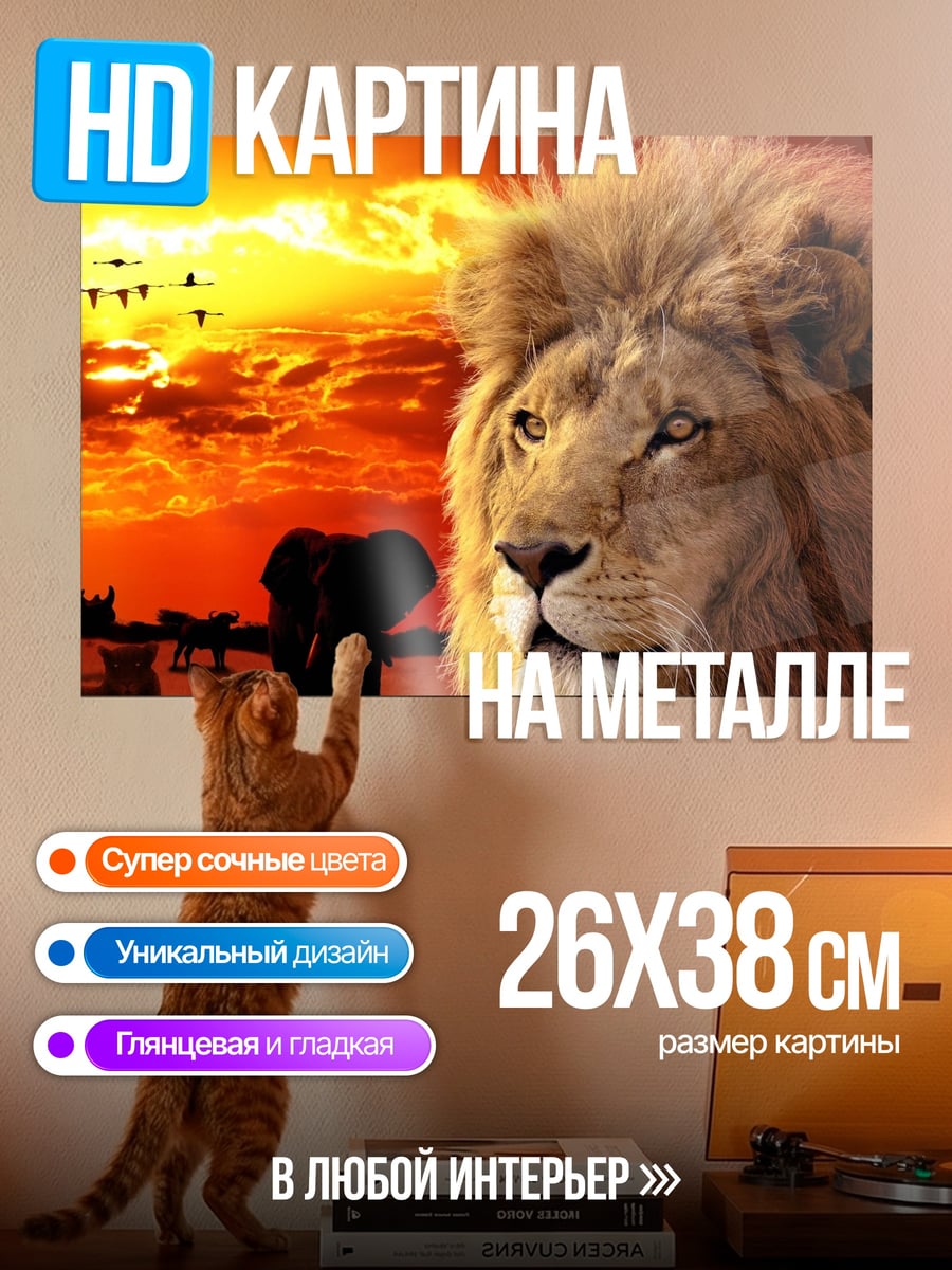 Картина на металле лев на фоне саванны