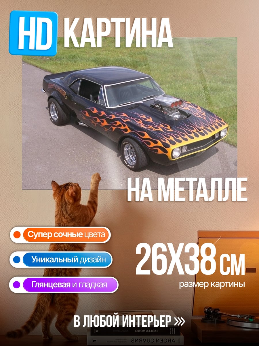 Картина на металле Черный маслкар с огнем