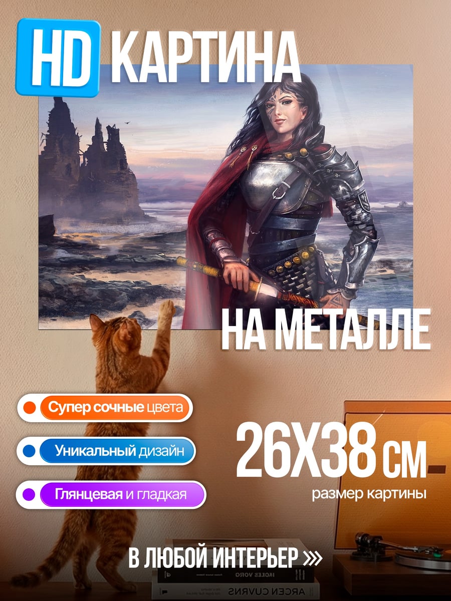 Картина на металле Воинственная амазонка в плаще