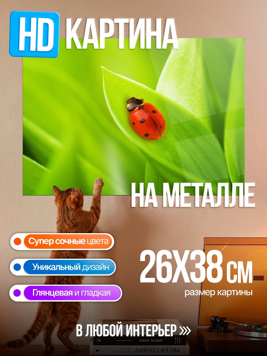 Картина на металле Божья коровка на листе
