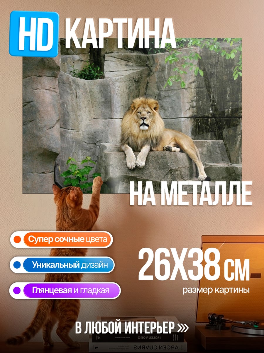 Картина на металле Лев на камнях