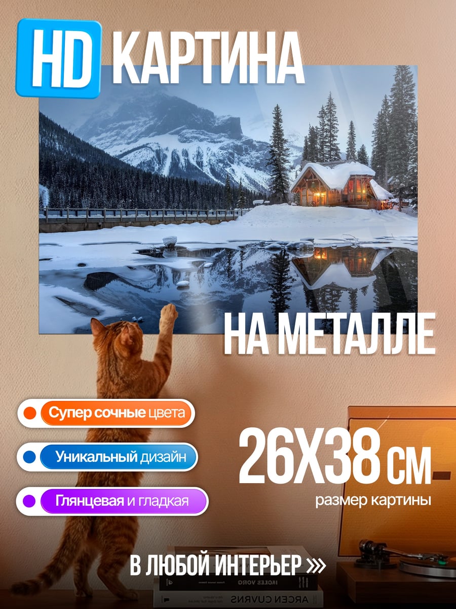 Картина на металле Домик у замерзшего озера