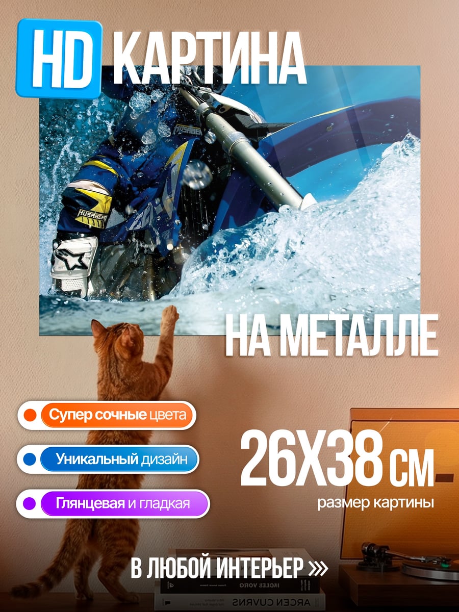 Картина на металле Мотоциклист в воде