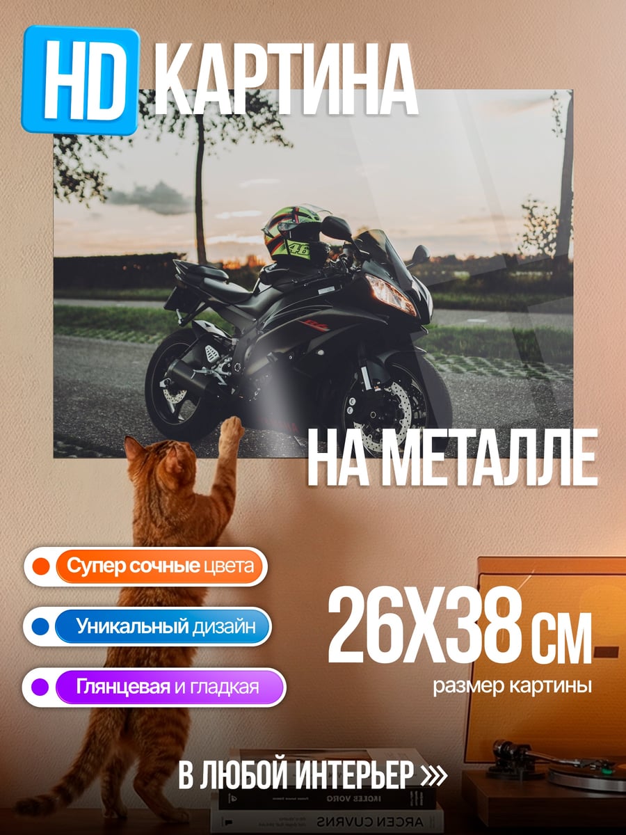Картина на металле черный мотоцикл закат