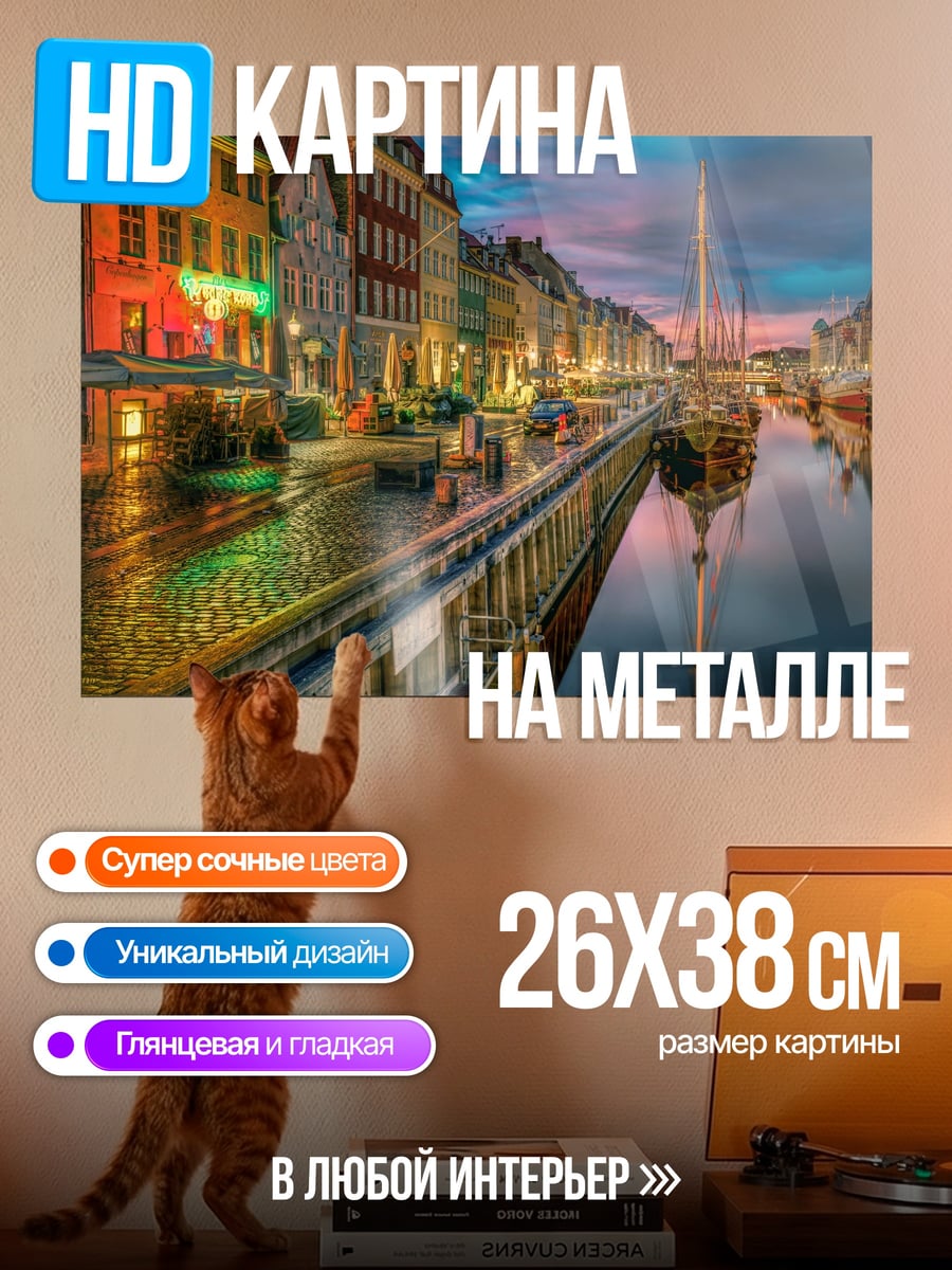 Картина на металле Канал Копенгагена ночью