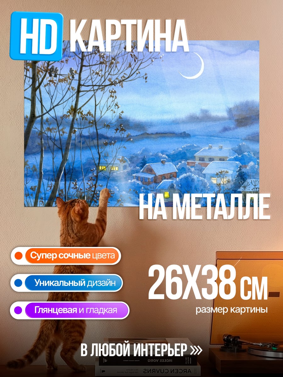Картина на металле Зимняя деревня ночью