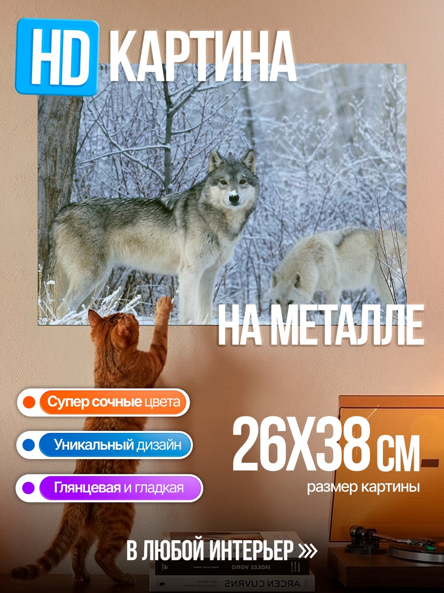 Картина на металле Волки в зимнем лесу