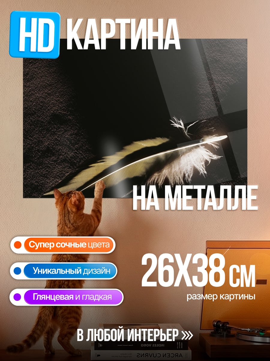 Картина на металле перо на черном