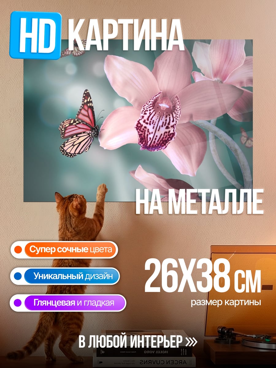 Картина на металле Нежные орхидеи бабочки