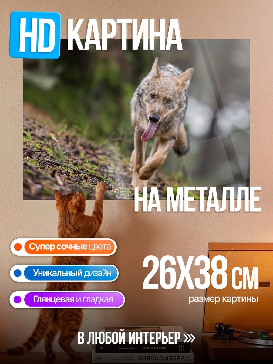 Картина на металле Бегущий волк в лесу