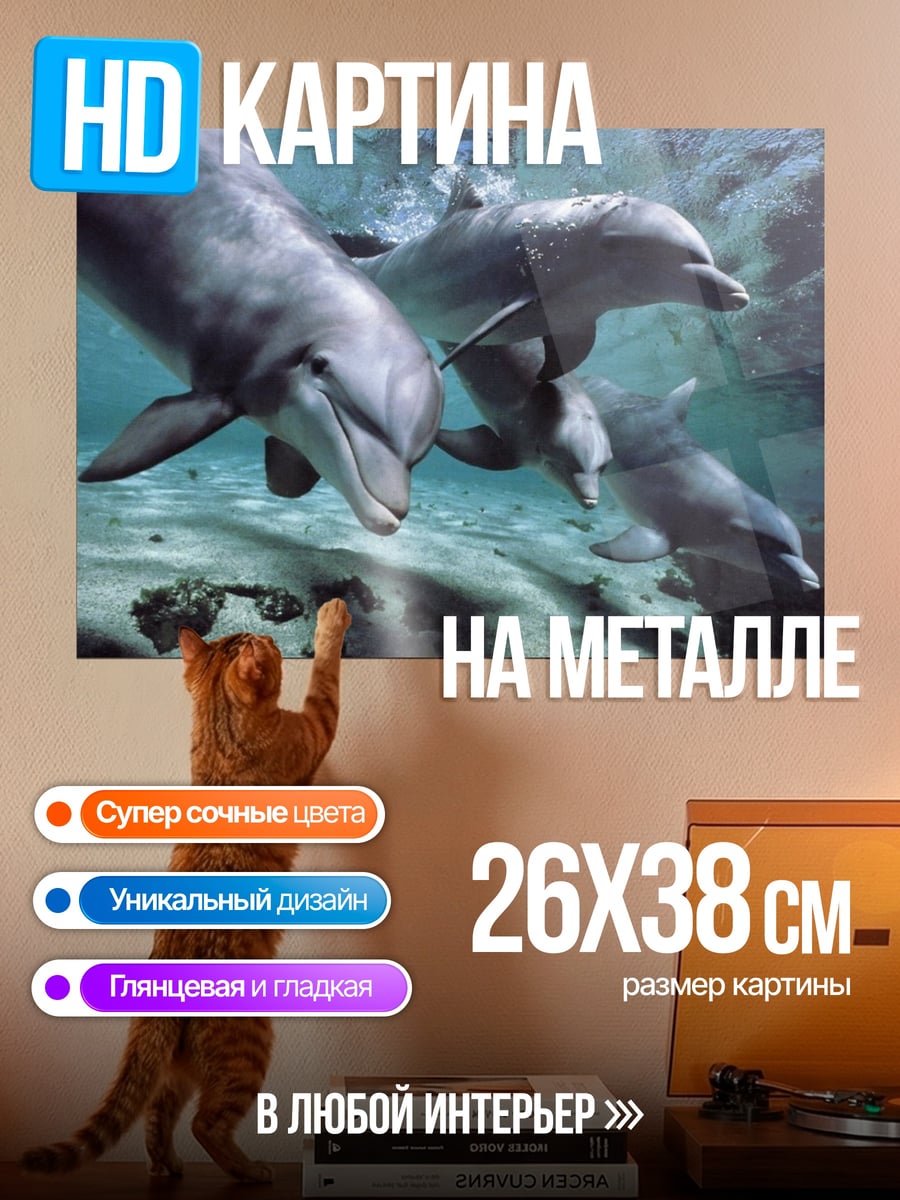 Картина на металле Стая дельфинов