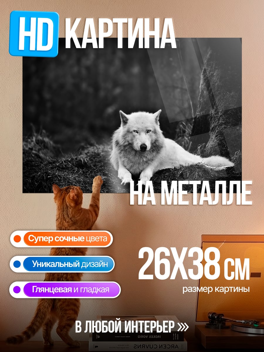 Картина на металле Белый волк в лесу
