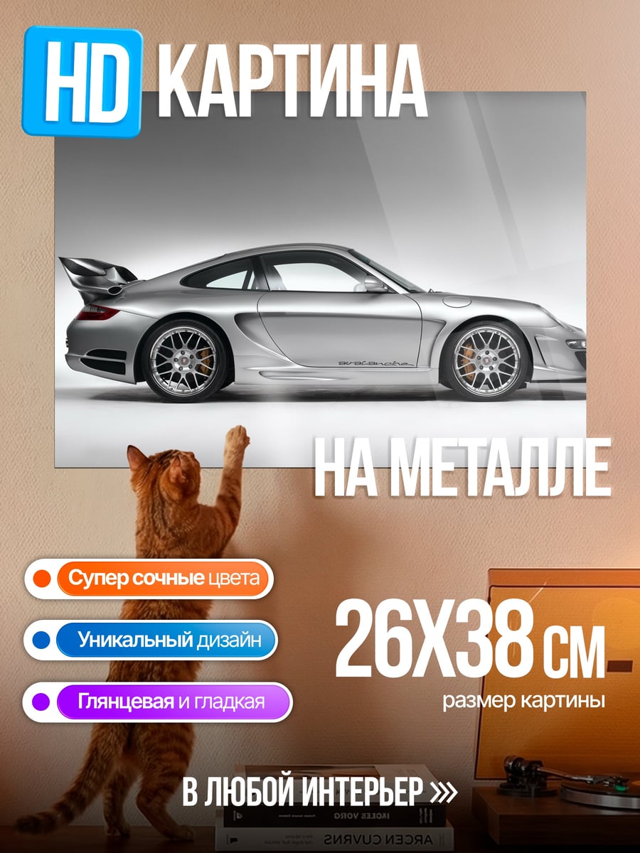 Картина на металле Серебряный спорткар Porsche