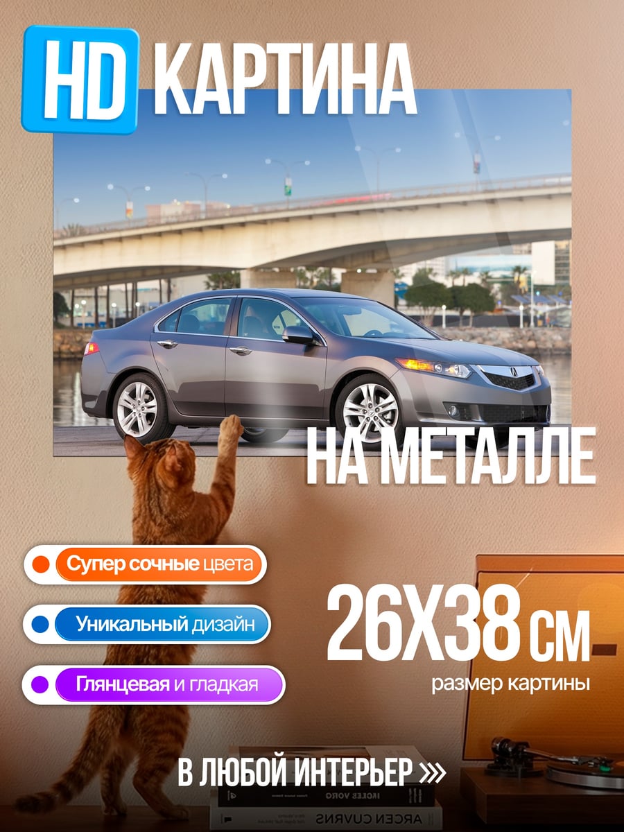 Картина на металле серый седан у реки
