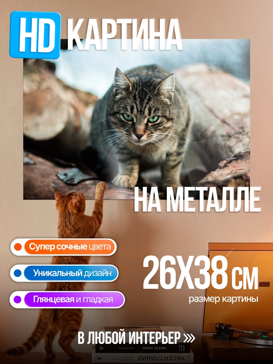 Картина на металле Дикий кот на дереве