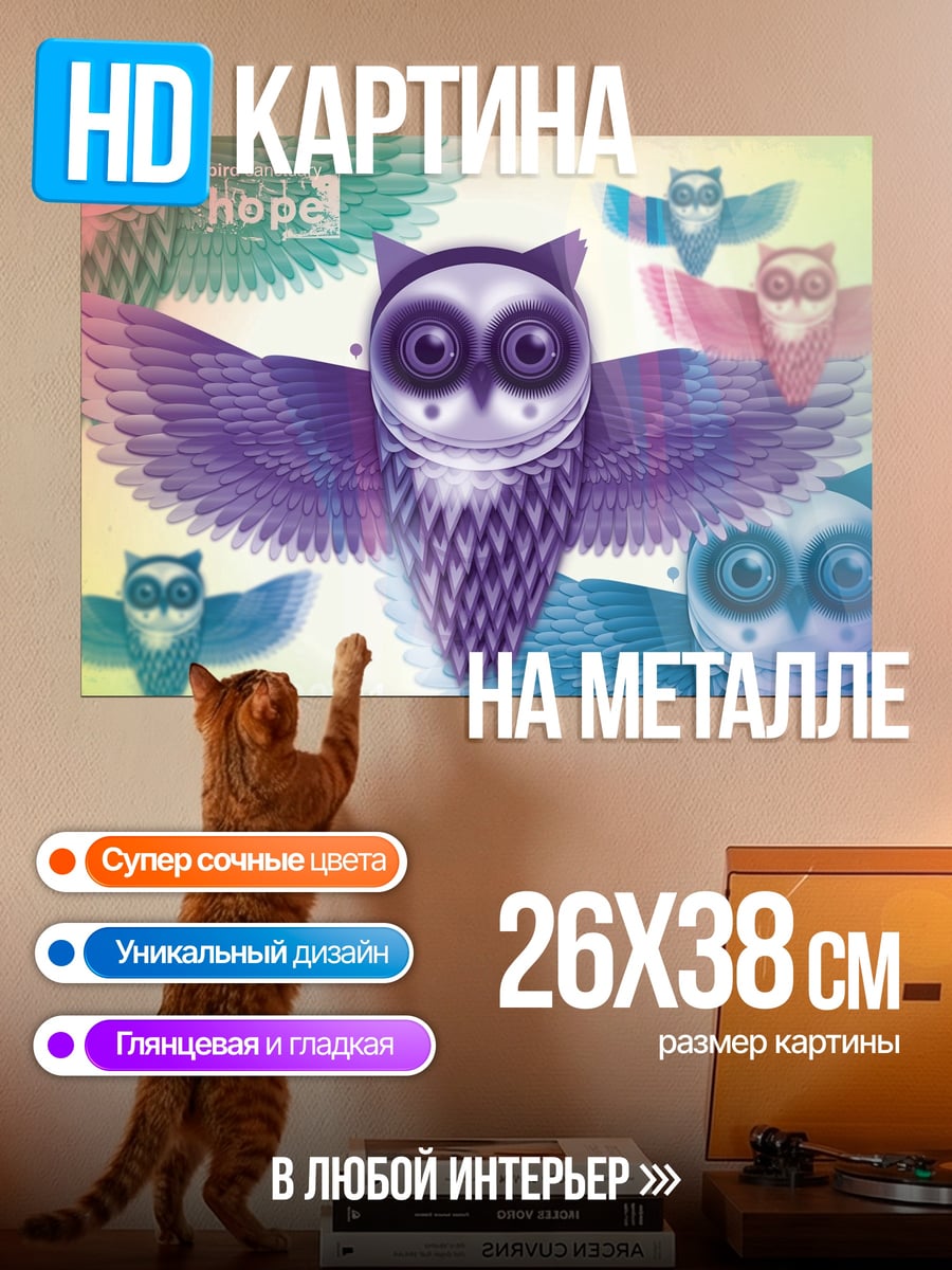 Картина на металле Радужные совы надежда
