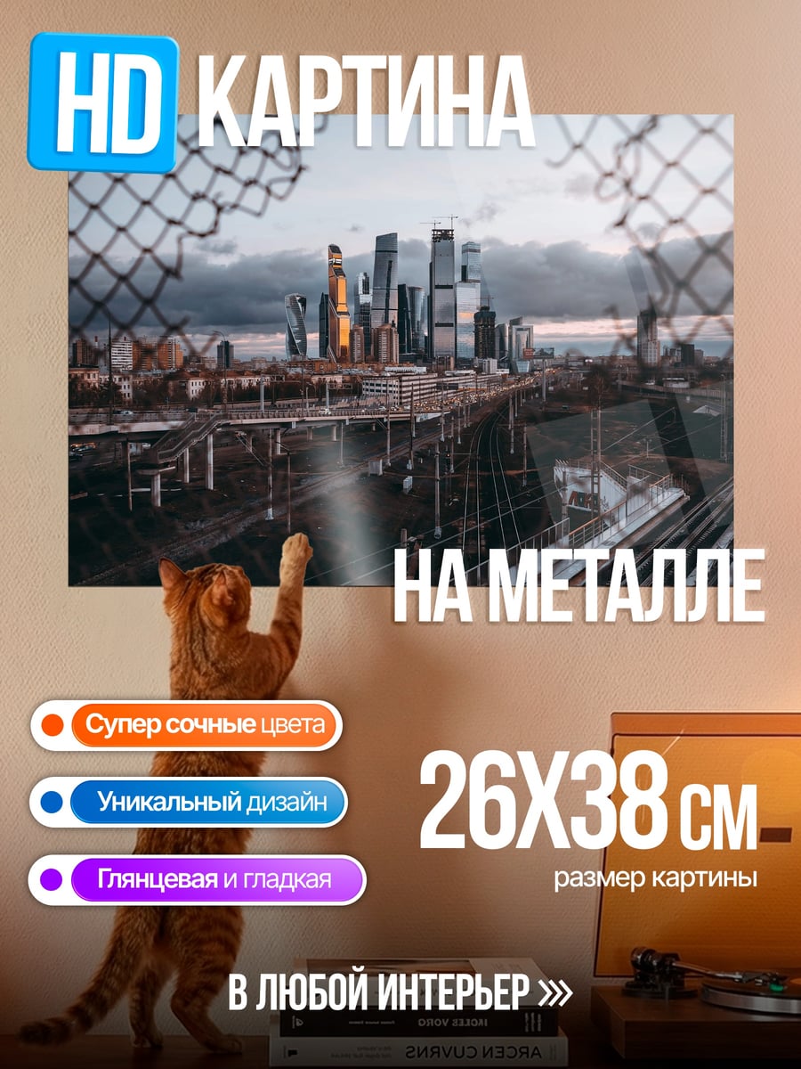 Картина на металле Городской пейзаж сквозь сетку