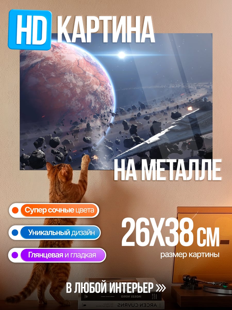 Картина на металле Космический корабль среди астероидов