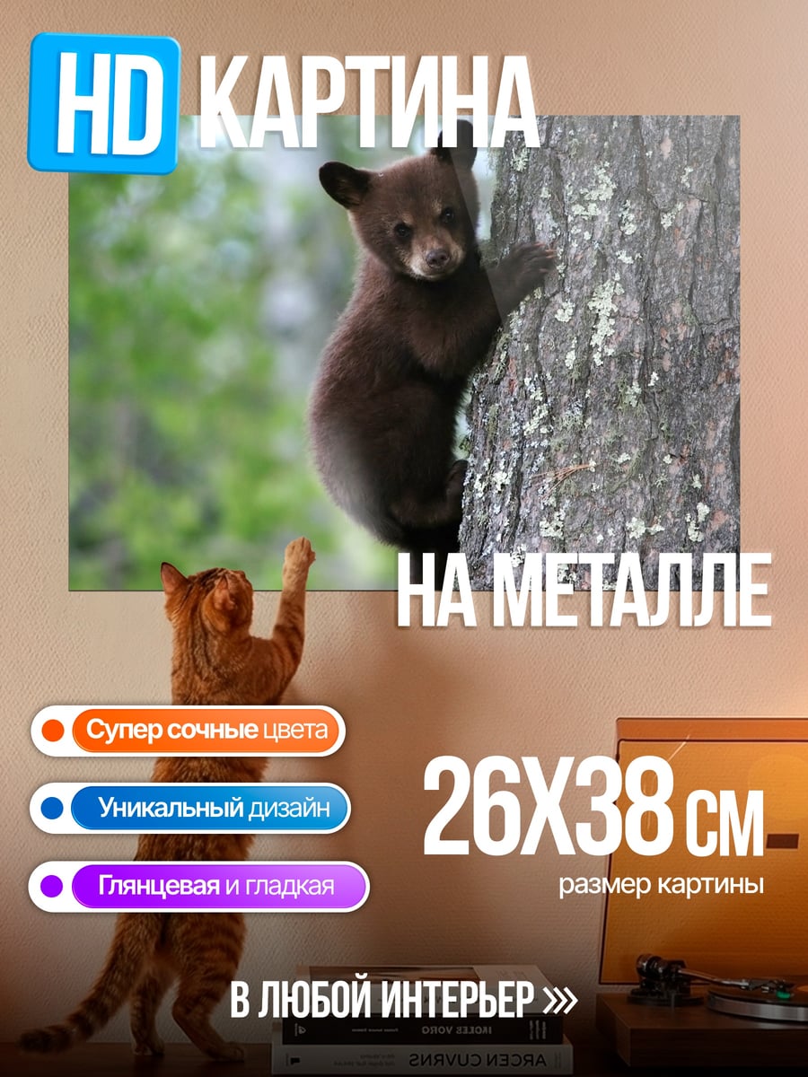 Картина на металле Медвежонок на дереве