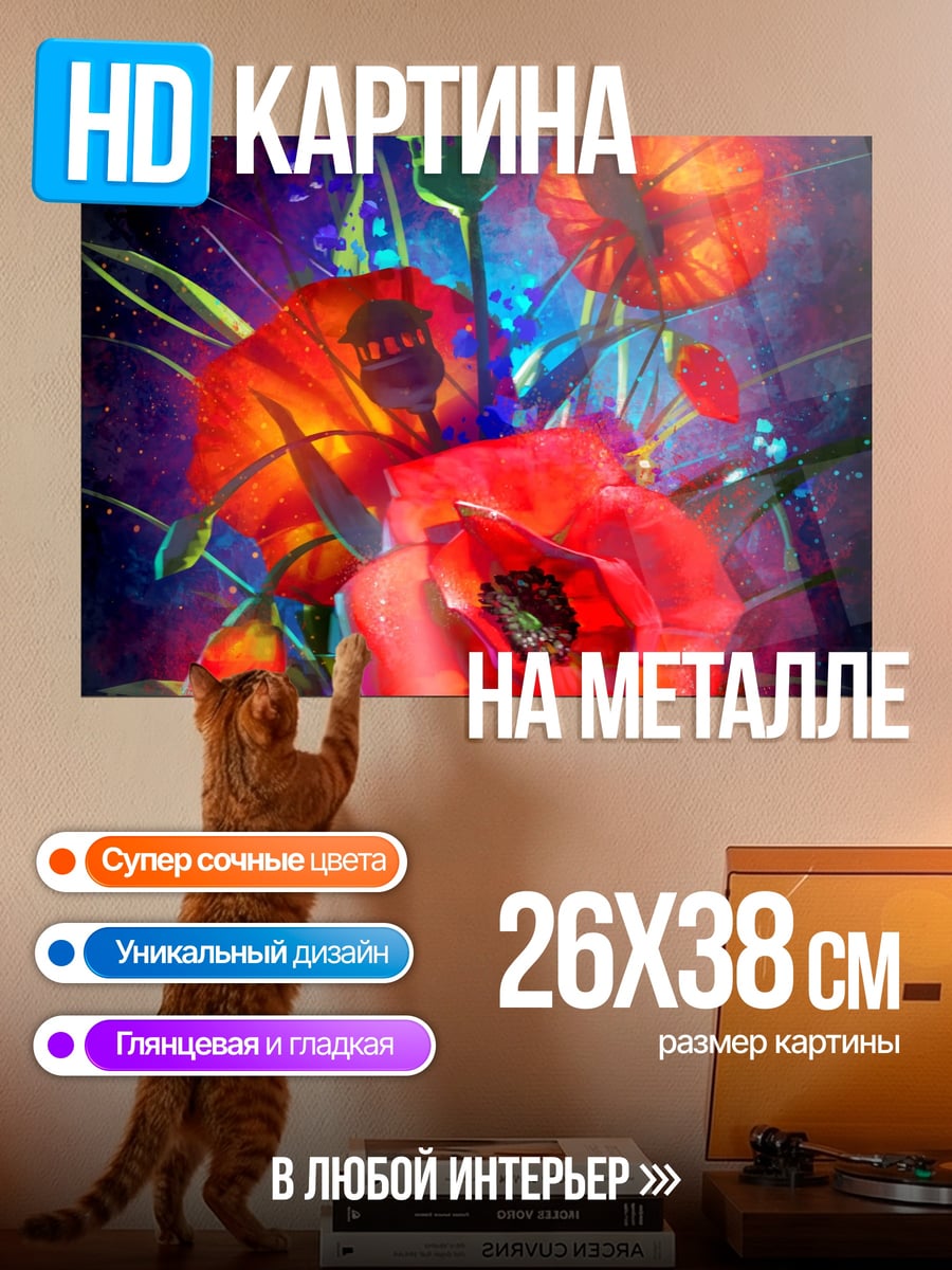 Картина на металле Красные маки ночь