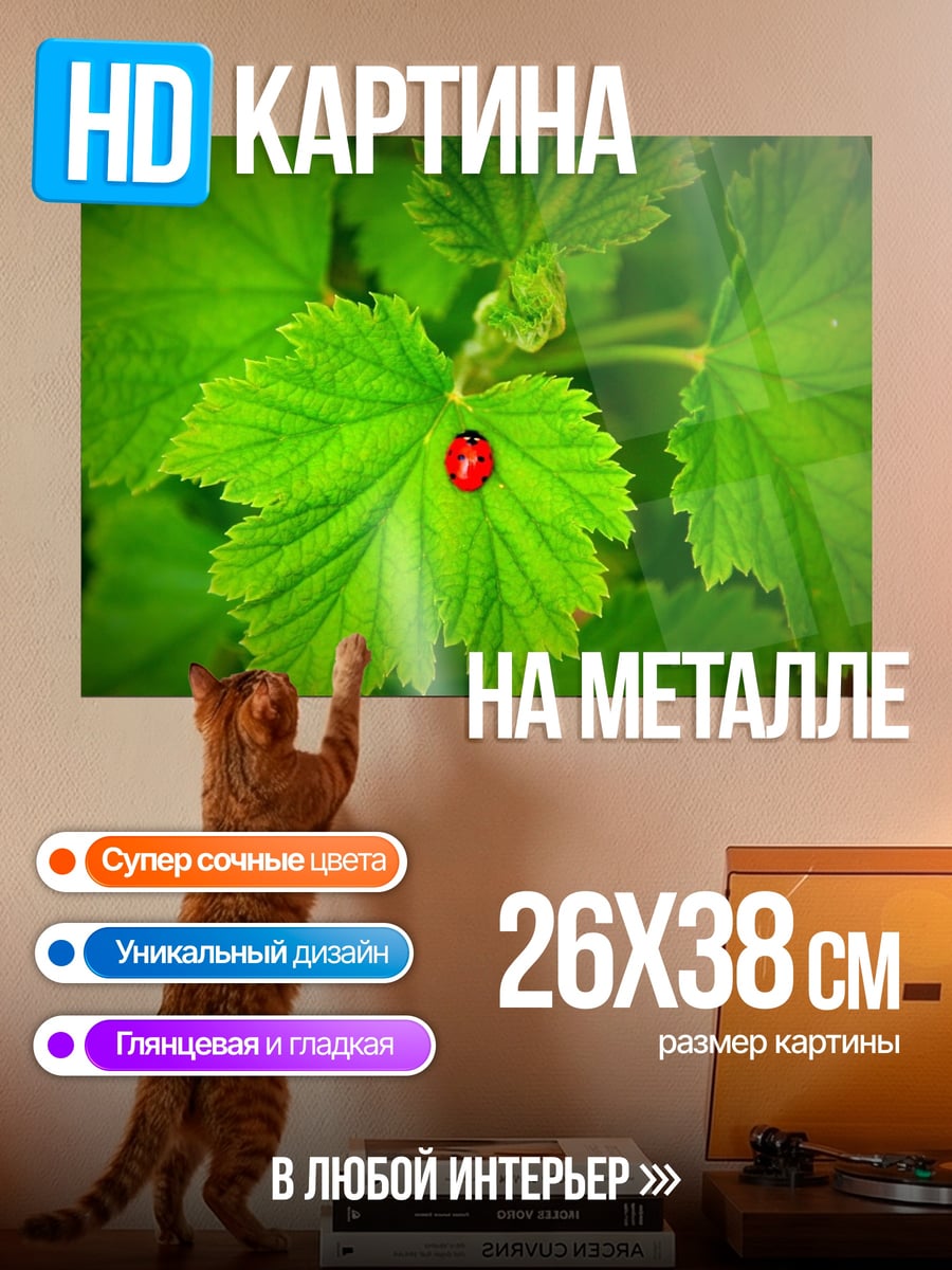 Картина на металле Божья коровка на листе