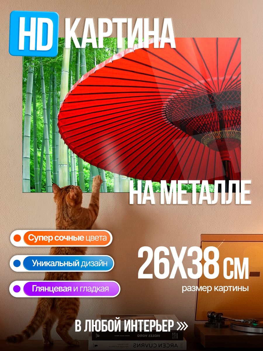 Картина на металле красный зонт бамбук
