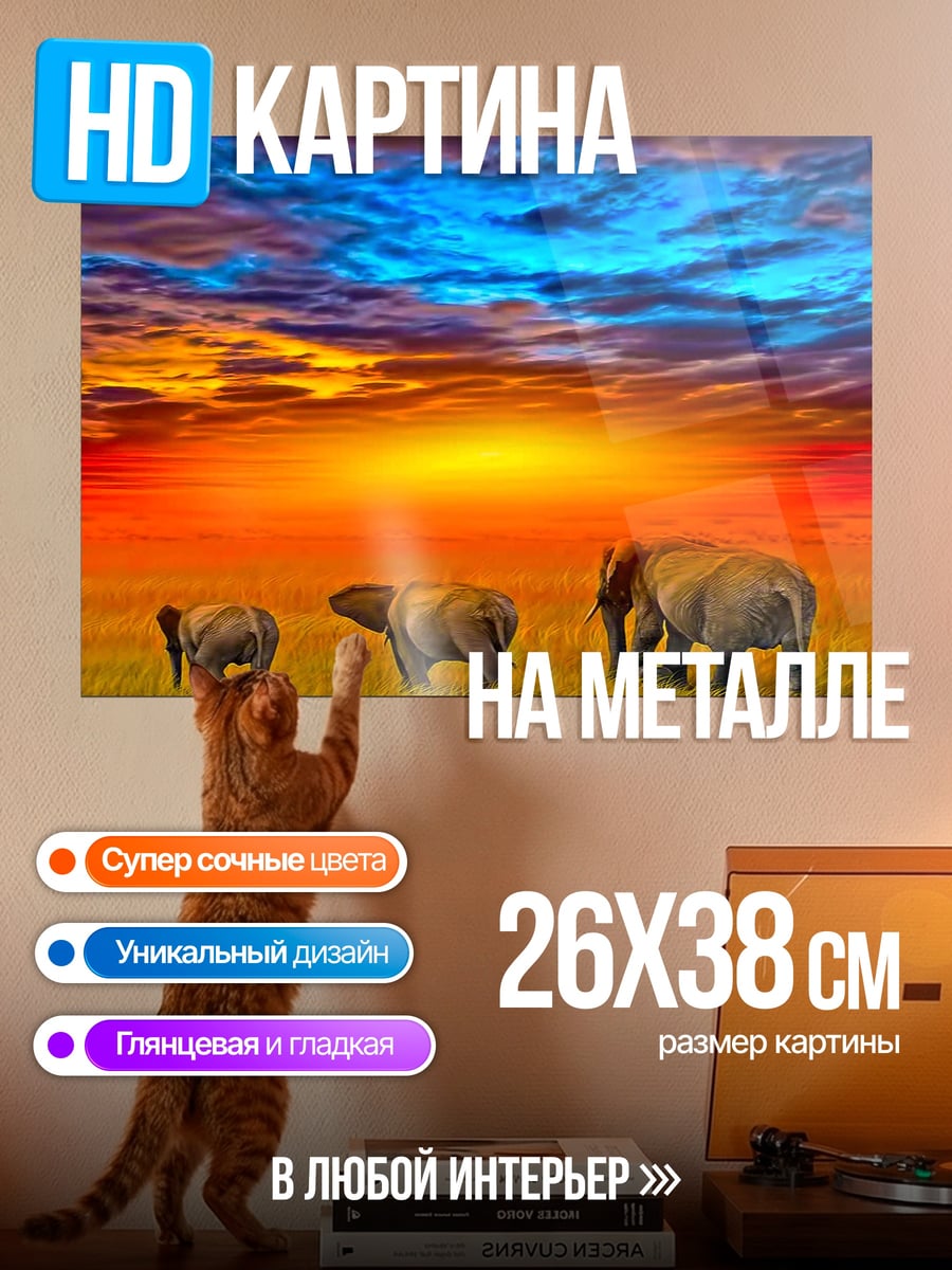Картина на металле Слоны на закате