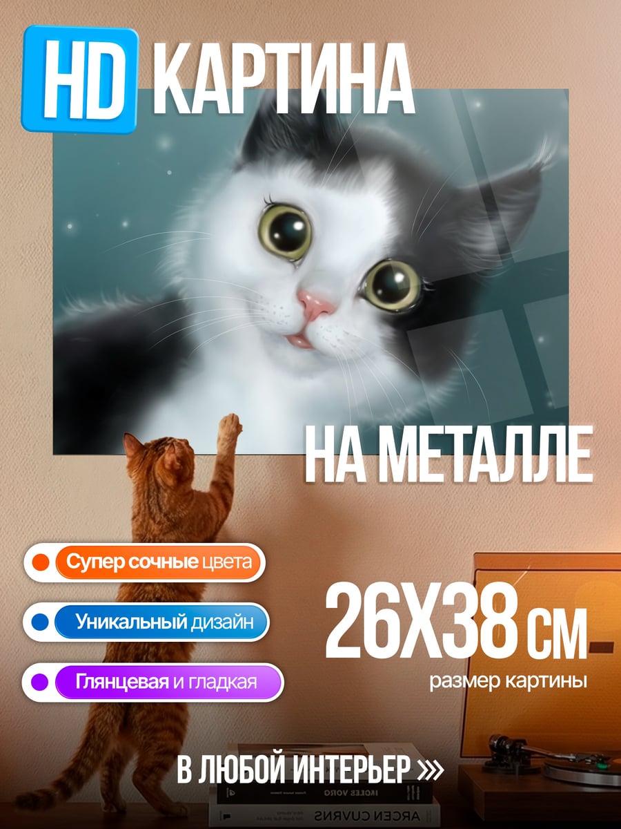 Картина на металле черно-белый котенок