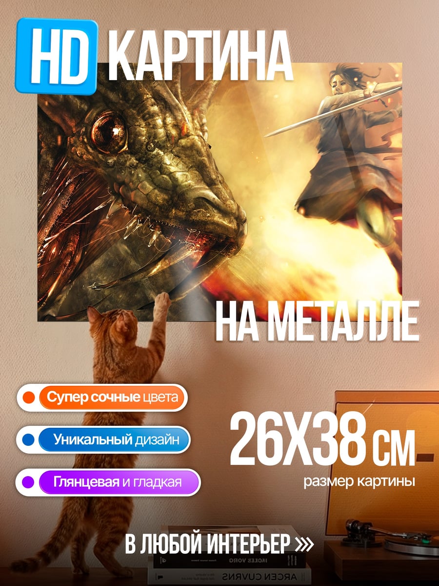 Картина на металле Девушка сражается с драконом