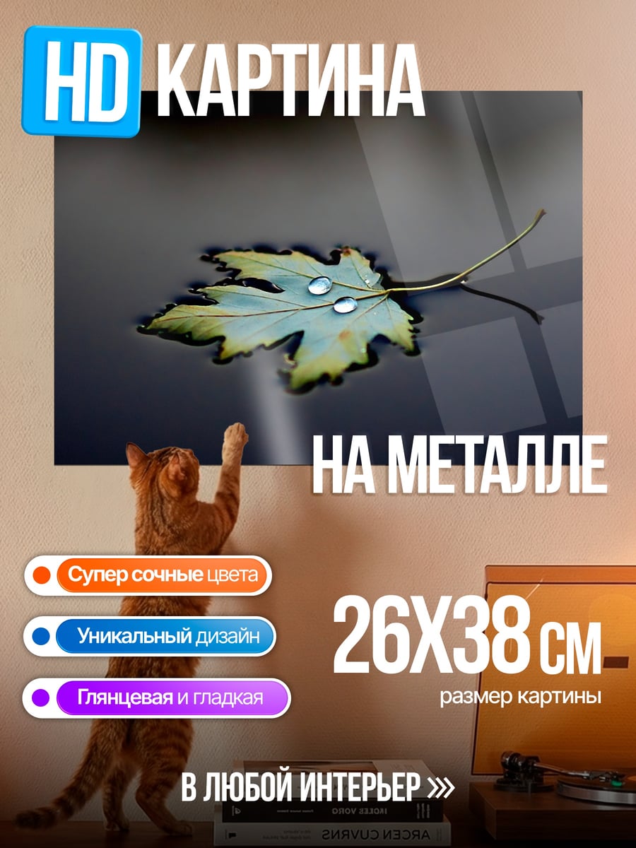 Картина на металле осенний лист воде