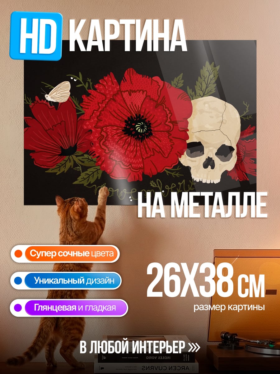 Картина на металле череп и маки