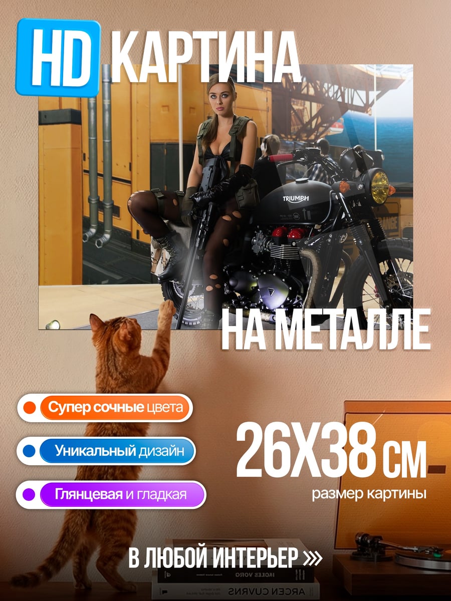 Картина на металле байкерша на мотоцикле
