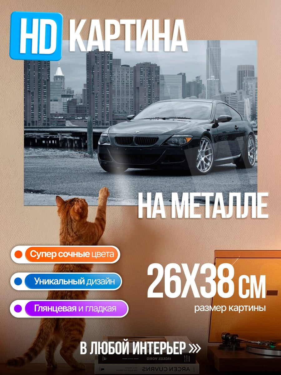 Картина на металле черное купе на фоне города