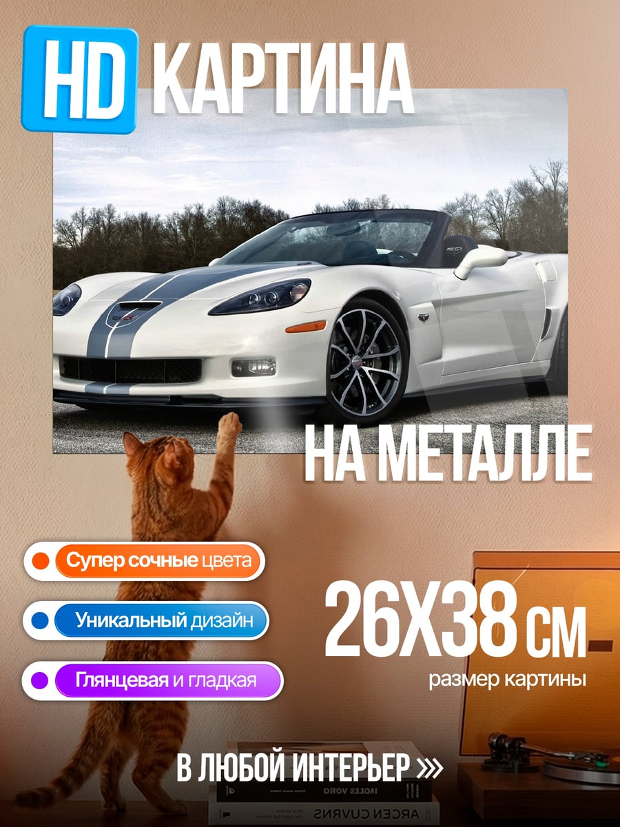 Картина на металле Белый спорткар Corvette