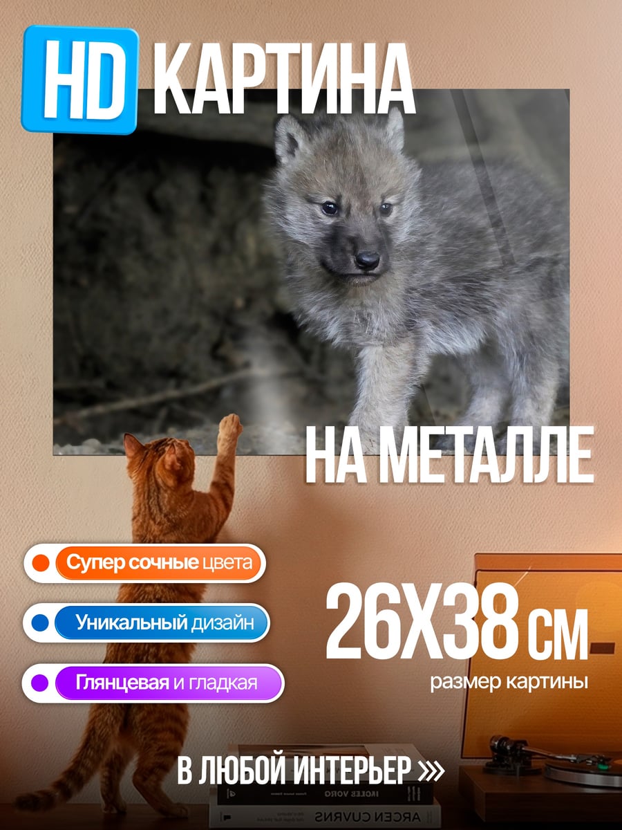 Картина на металле волчонок в логове